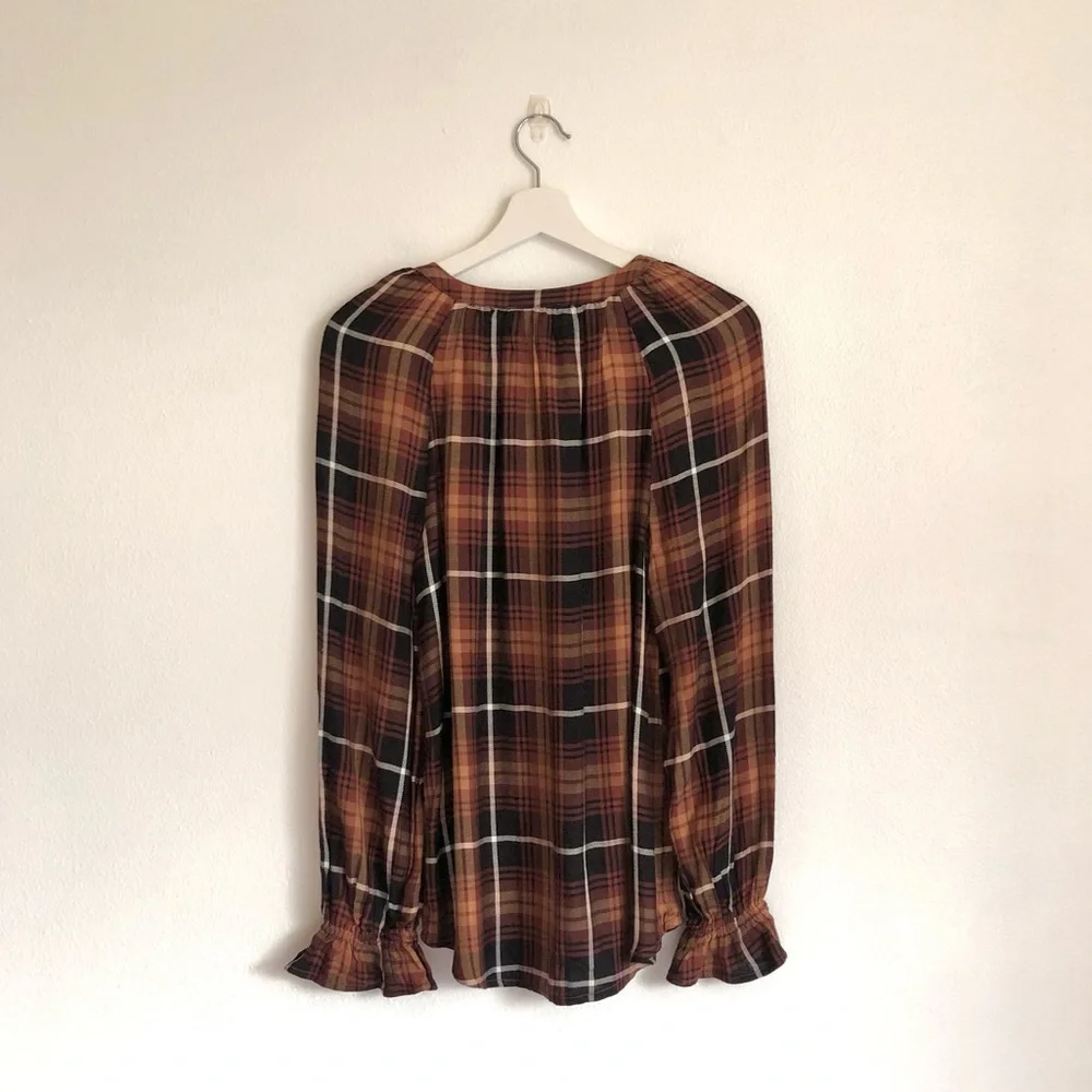 NWT beachlunchlounge Brown / Black Plaid Ruffle Cuff Top Size XS - Picture 6 of 9